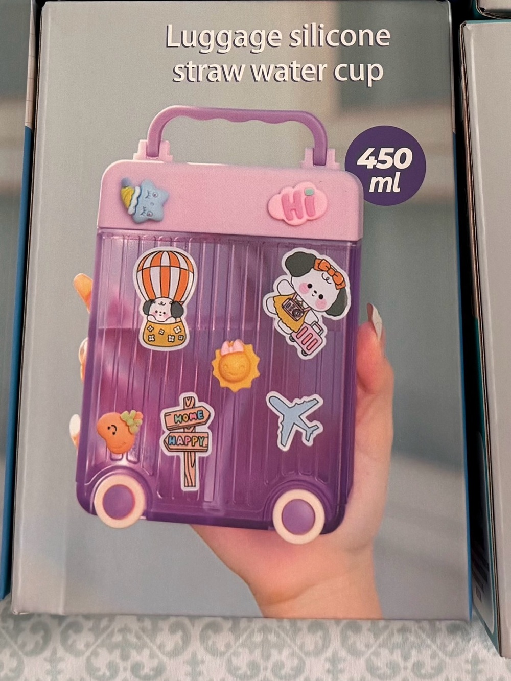 Silicone Luggage Straw Water Cup for Kids - Purple & Pink and green